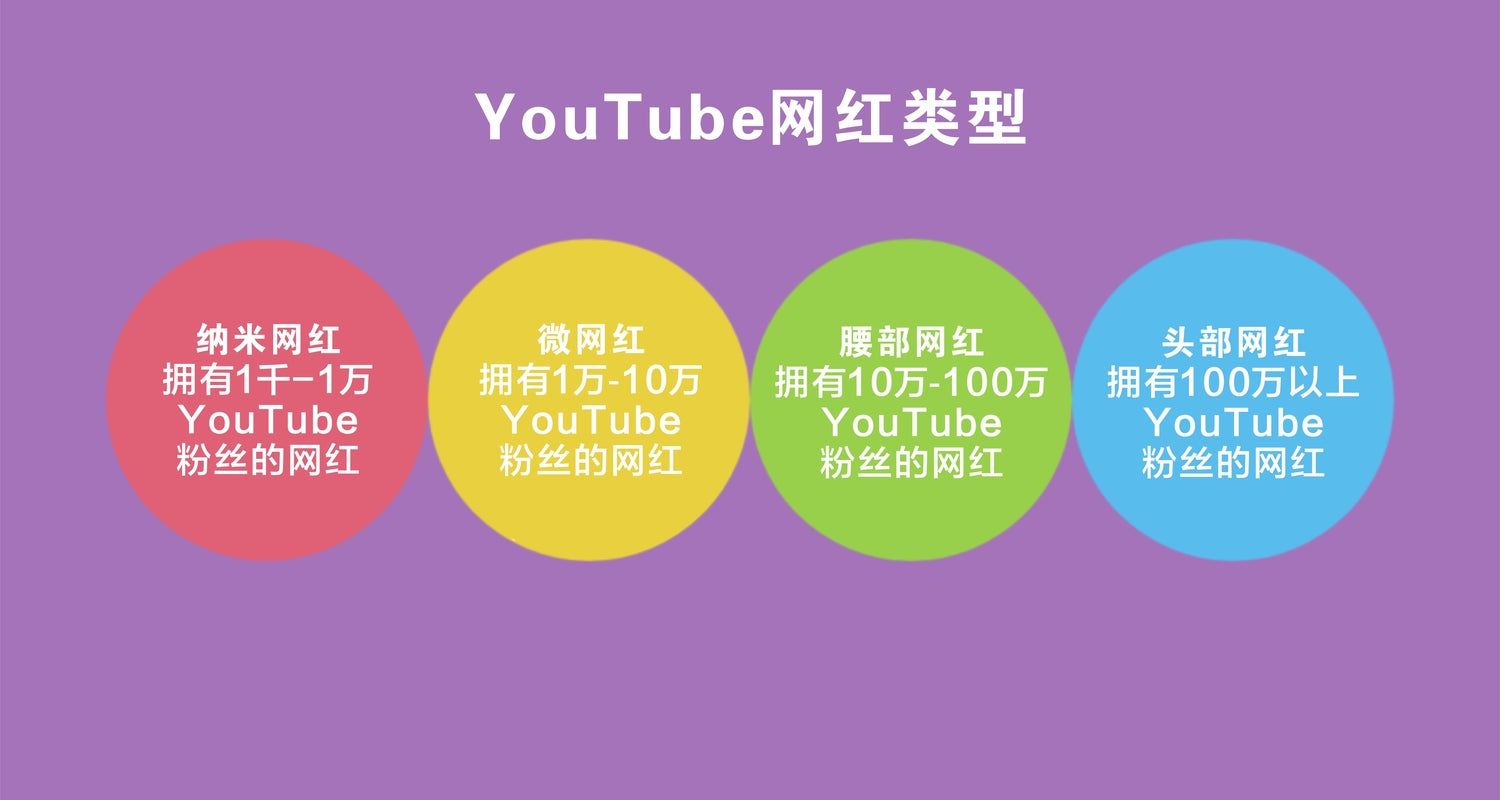 在紫色背景下，四个不同颜色的圆圈中分别列出了按照粉丝数量划分的YouTube网红类型