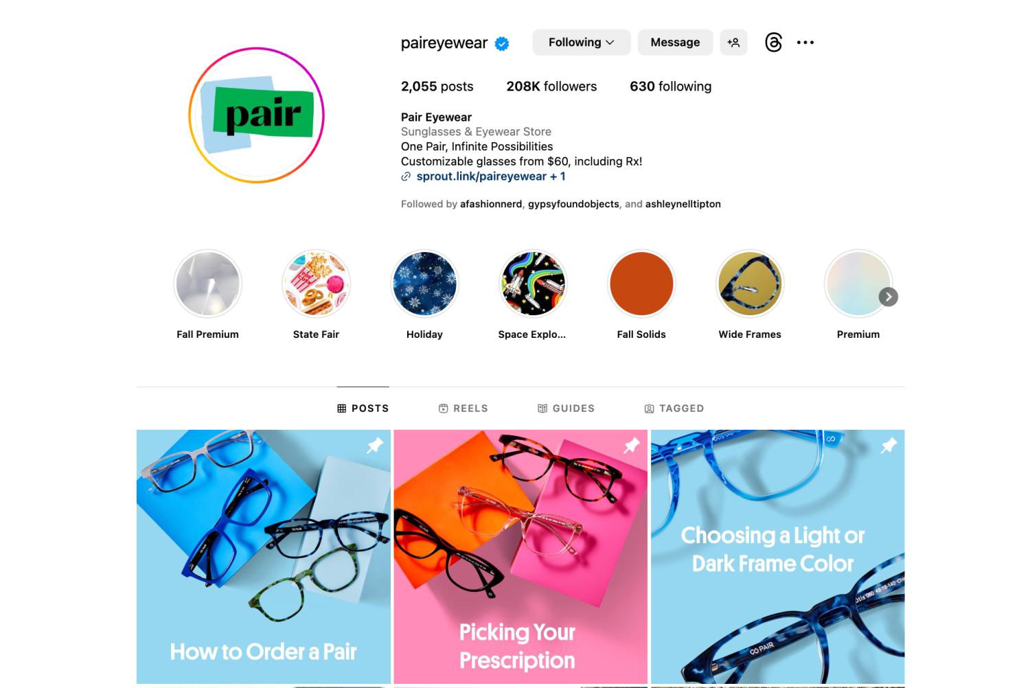 Pair Eyewear的Instagram主页桌面视图