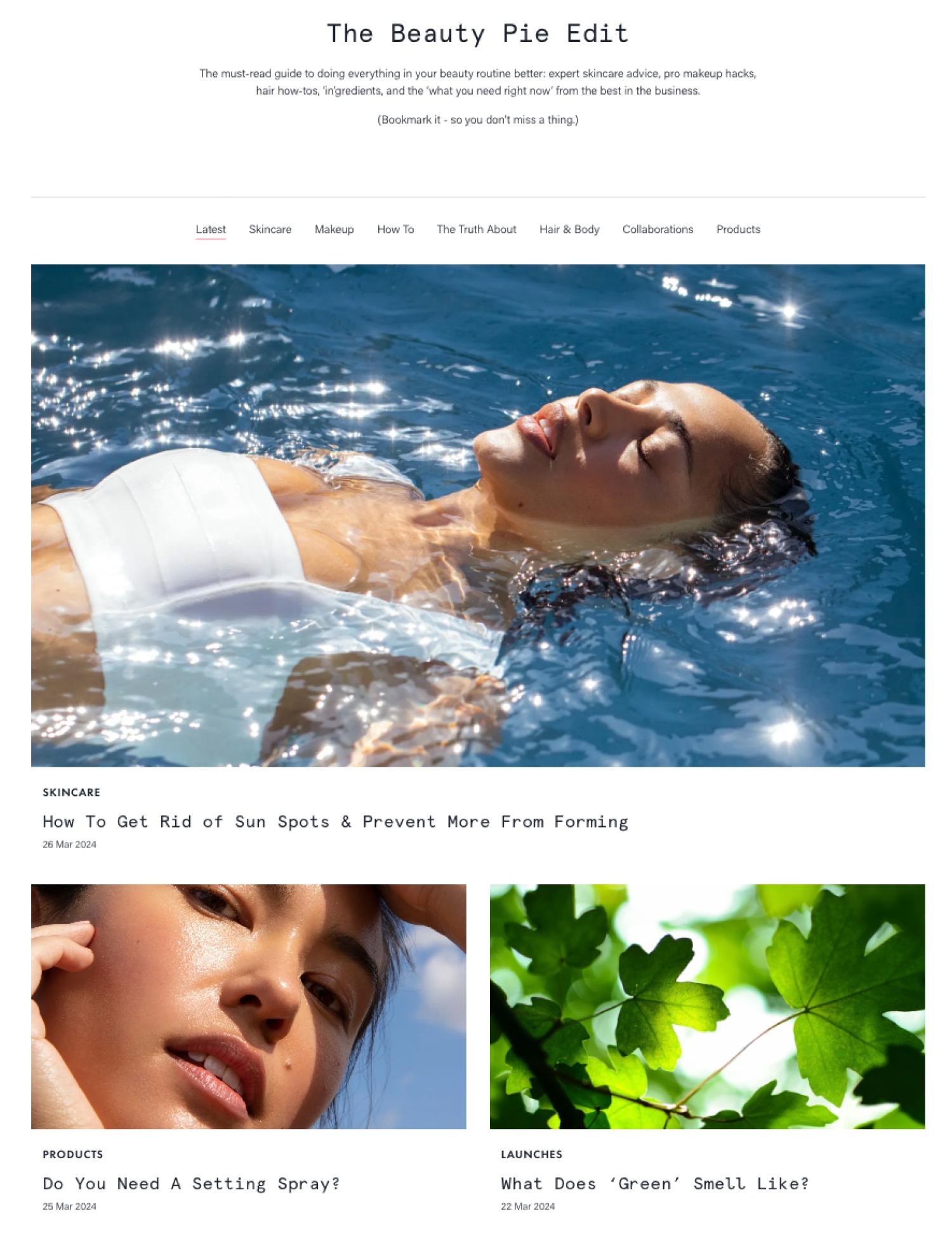 Beauty Pie的现场博客，展示了一位漂浮在水中的女性、女性面部特写和叶子。