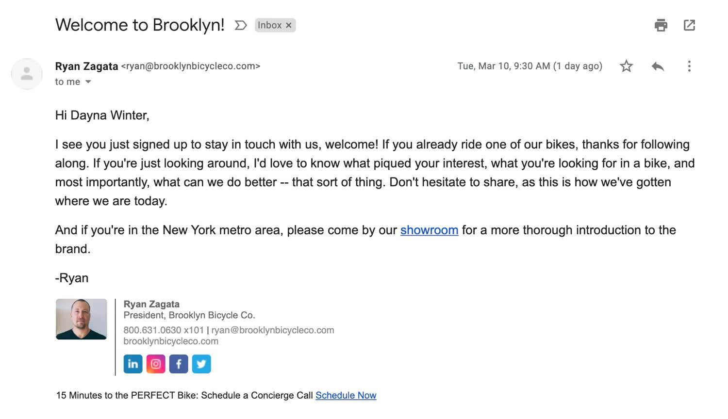 Brooklyn Bicycle Co.向客户发送的跟进电子邮件截图。