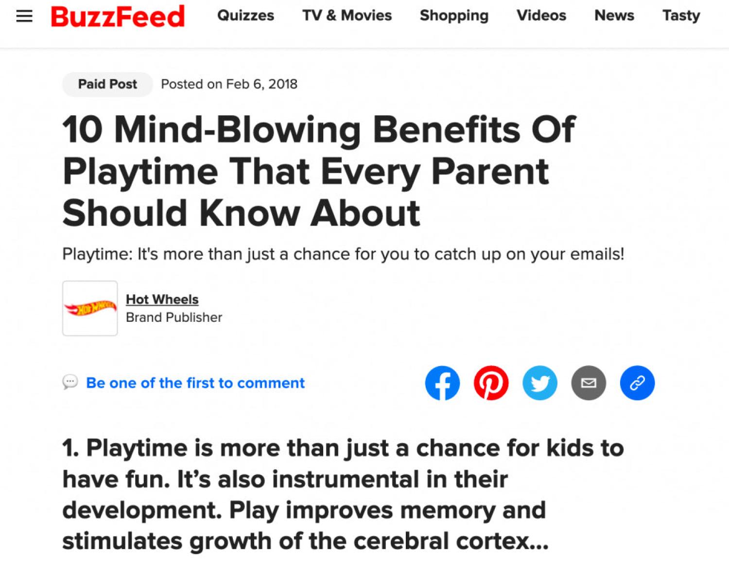 Buzzfeed上的一篇关于游戏时间惊人好处的博客文章，由玩具品牌Hot Wheels赞助。