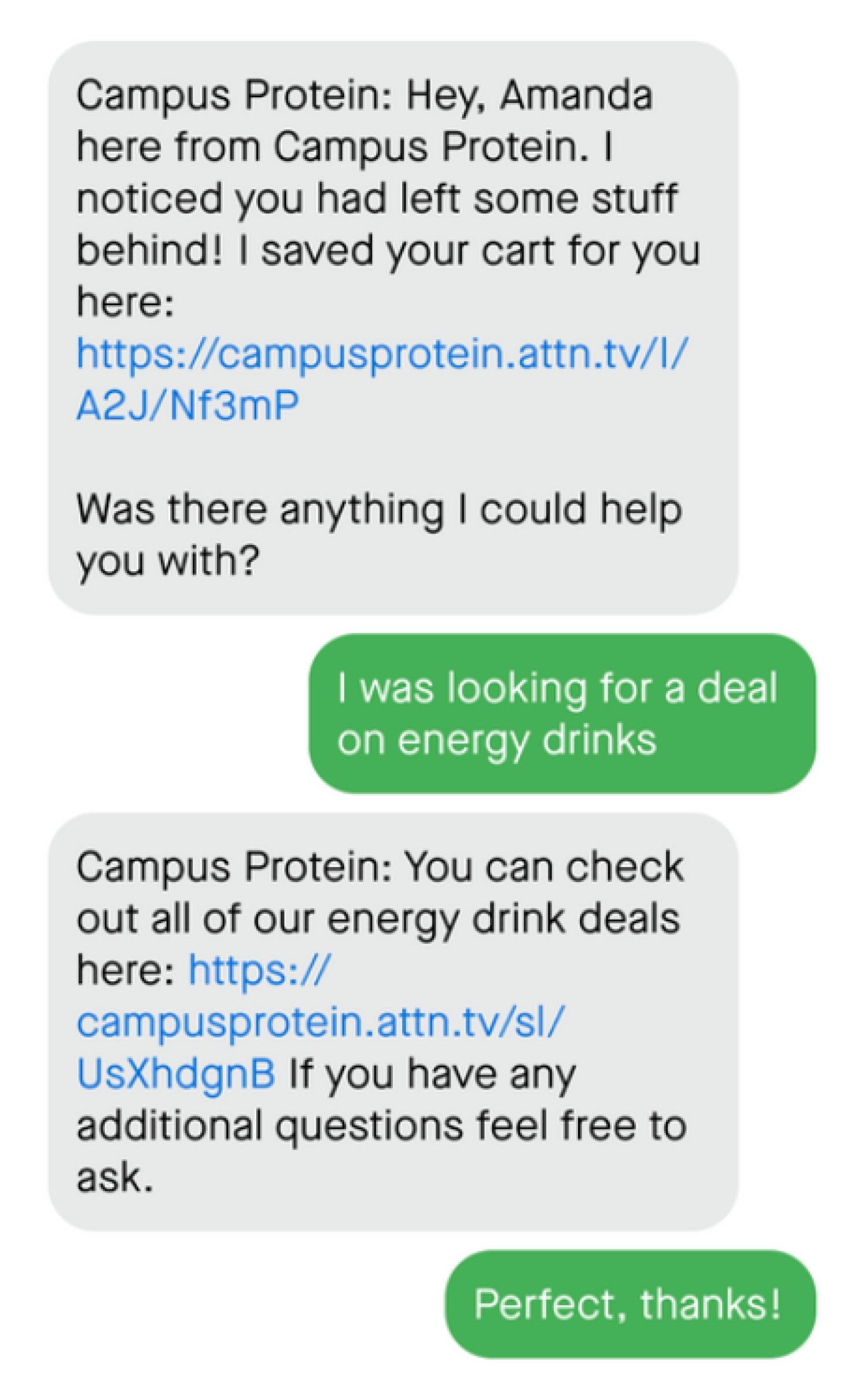 Campus Protein的自动化短信提醒购物者他们在购物车中留下了产品。