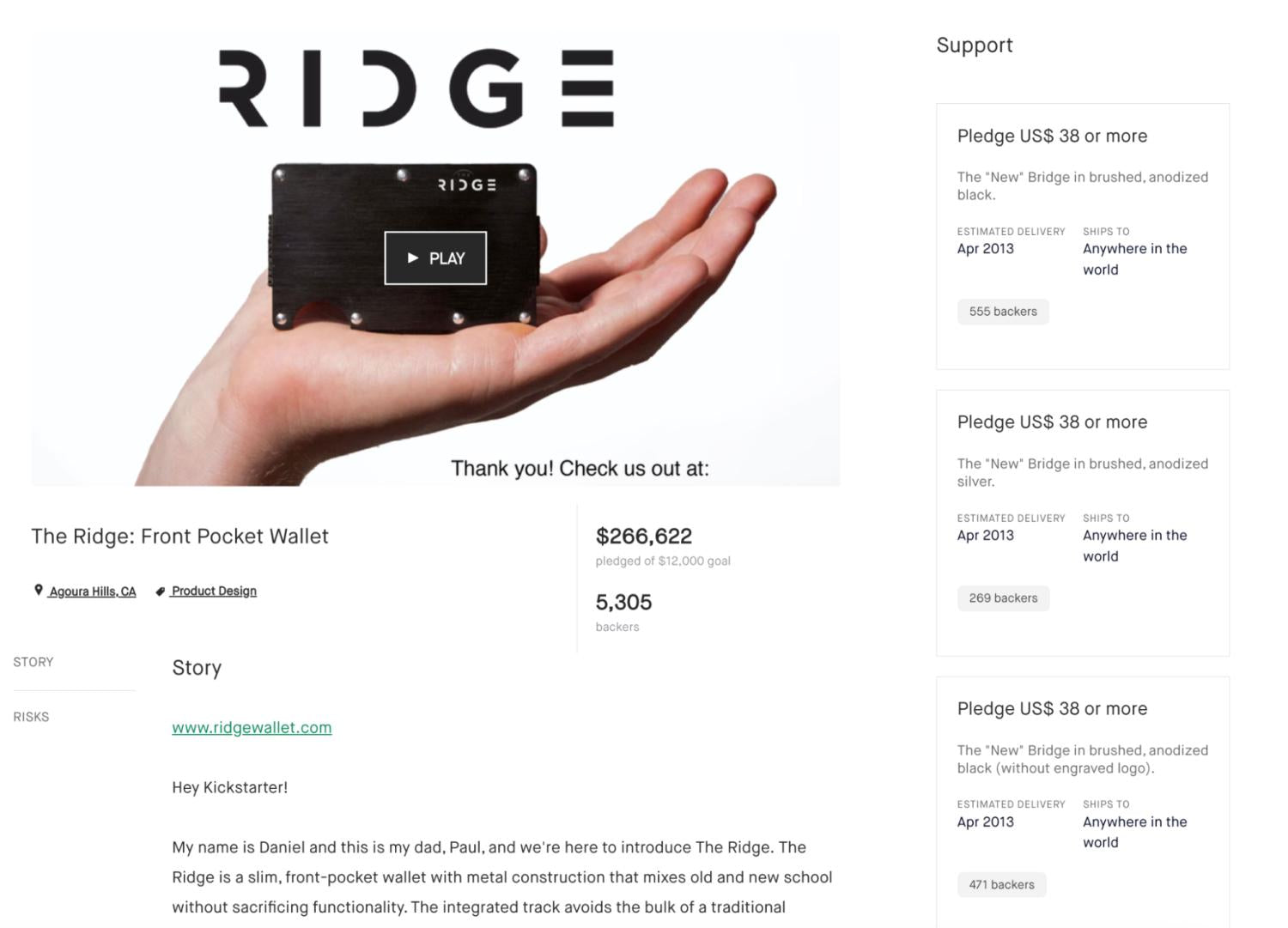 The Ridge Wallet的Kickstarter众筹页面，显示了5300多名支持者承诺捐赠的266,622美元（约193万元人民币）。