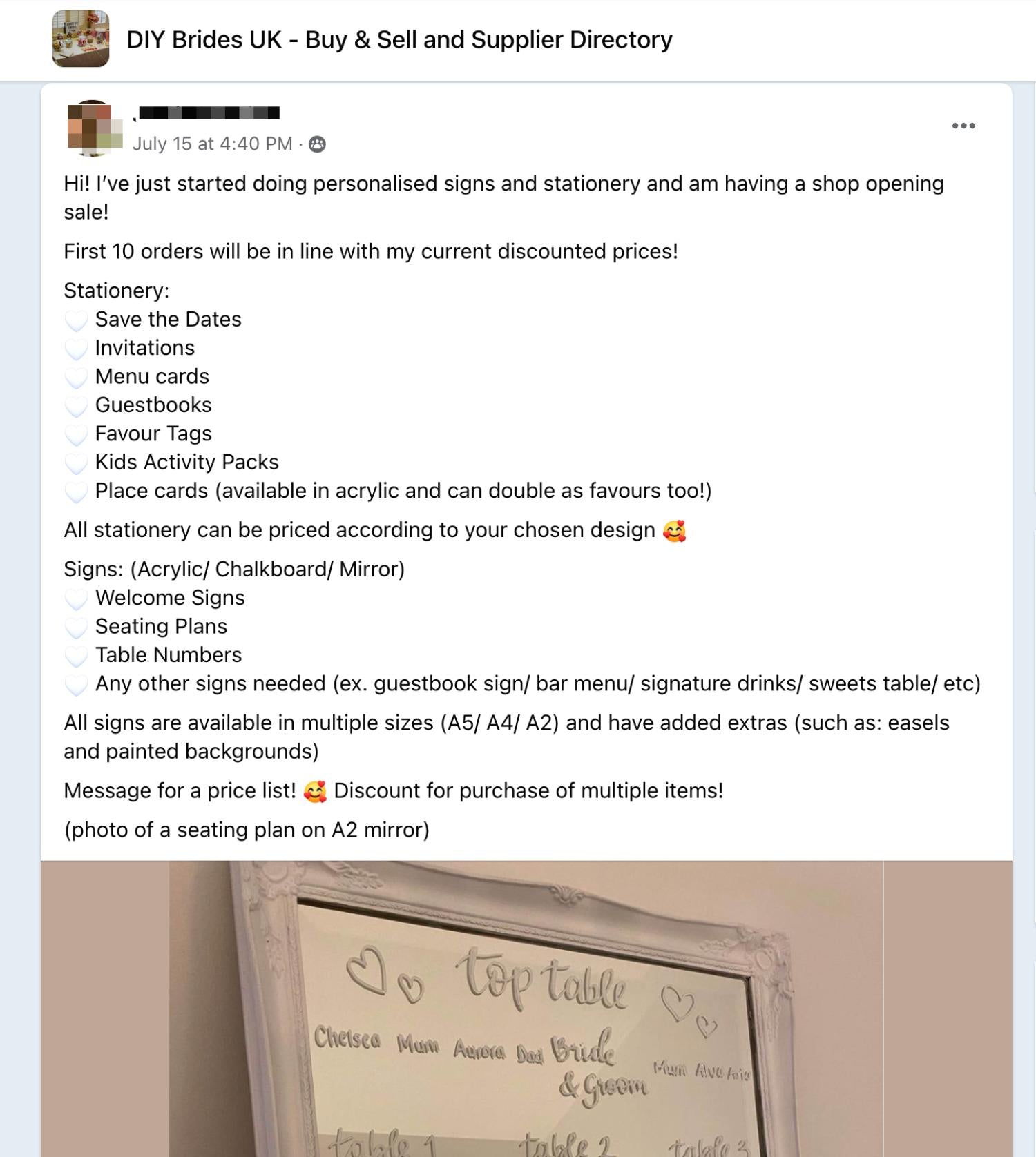  企业家在一个面向英国新娘的Facebook小组中推广其婚礼文具。