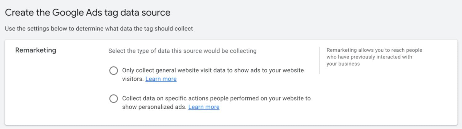 Google Analytics标签部分选择设置标签的界面
