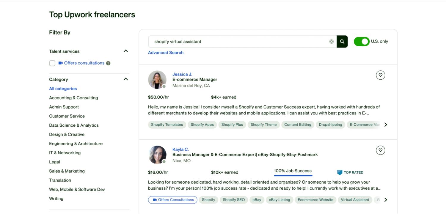 Upwork的屏幕截图,显示搜索“Shopify虚拟助理”。
