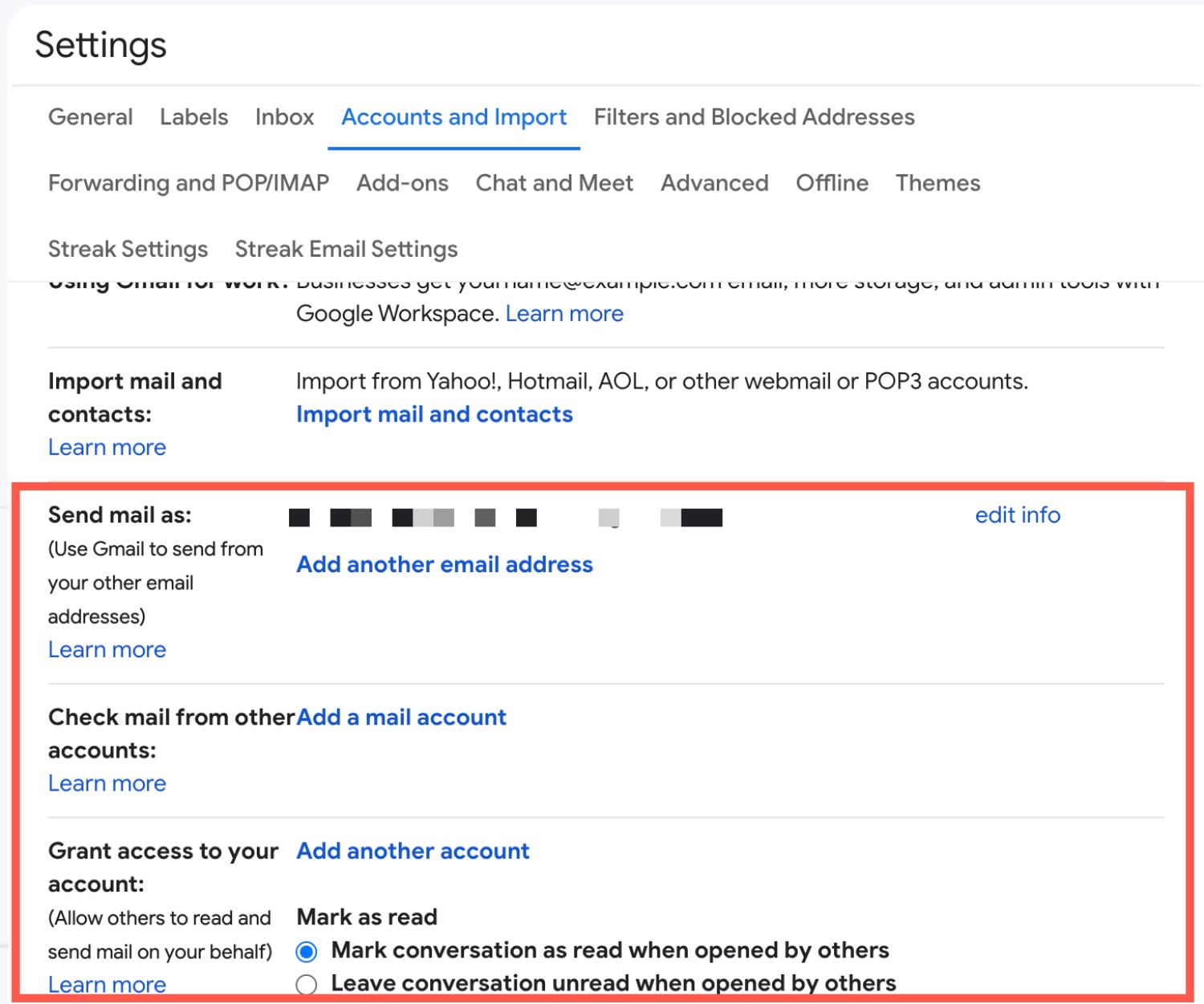 Gmail的账户和导入设置的屏幕截图,你可以允许其他用户代你检查和发送电子邮件。