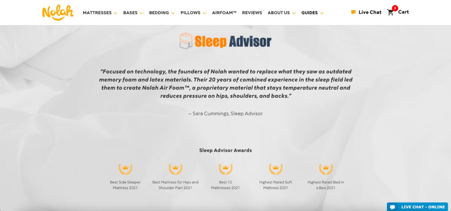 来自Sleep Advisor的评测,展示了五个与床垫相关的奖项。
