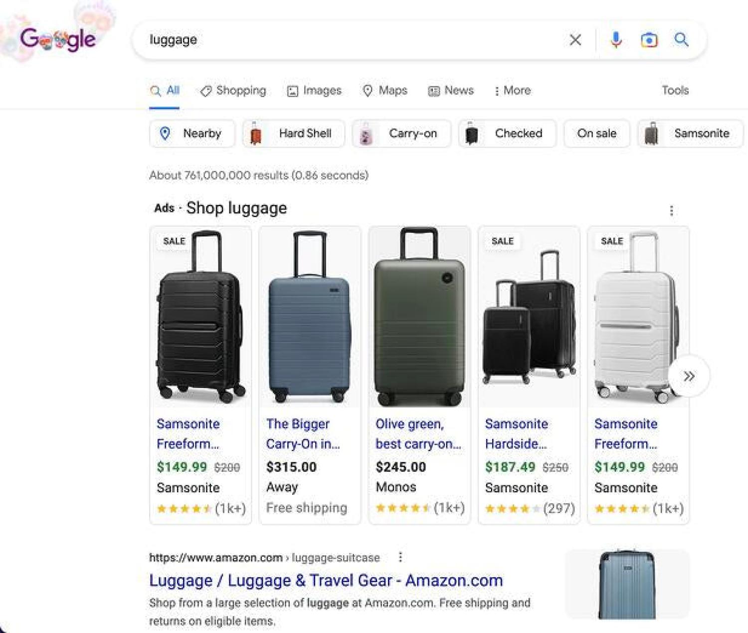 Google上搜索“行李”的购物广告，展示了新秀丽的黑色行李箱和Away、Monos的蓝色和灰色行李箱。