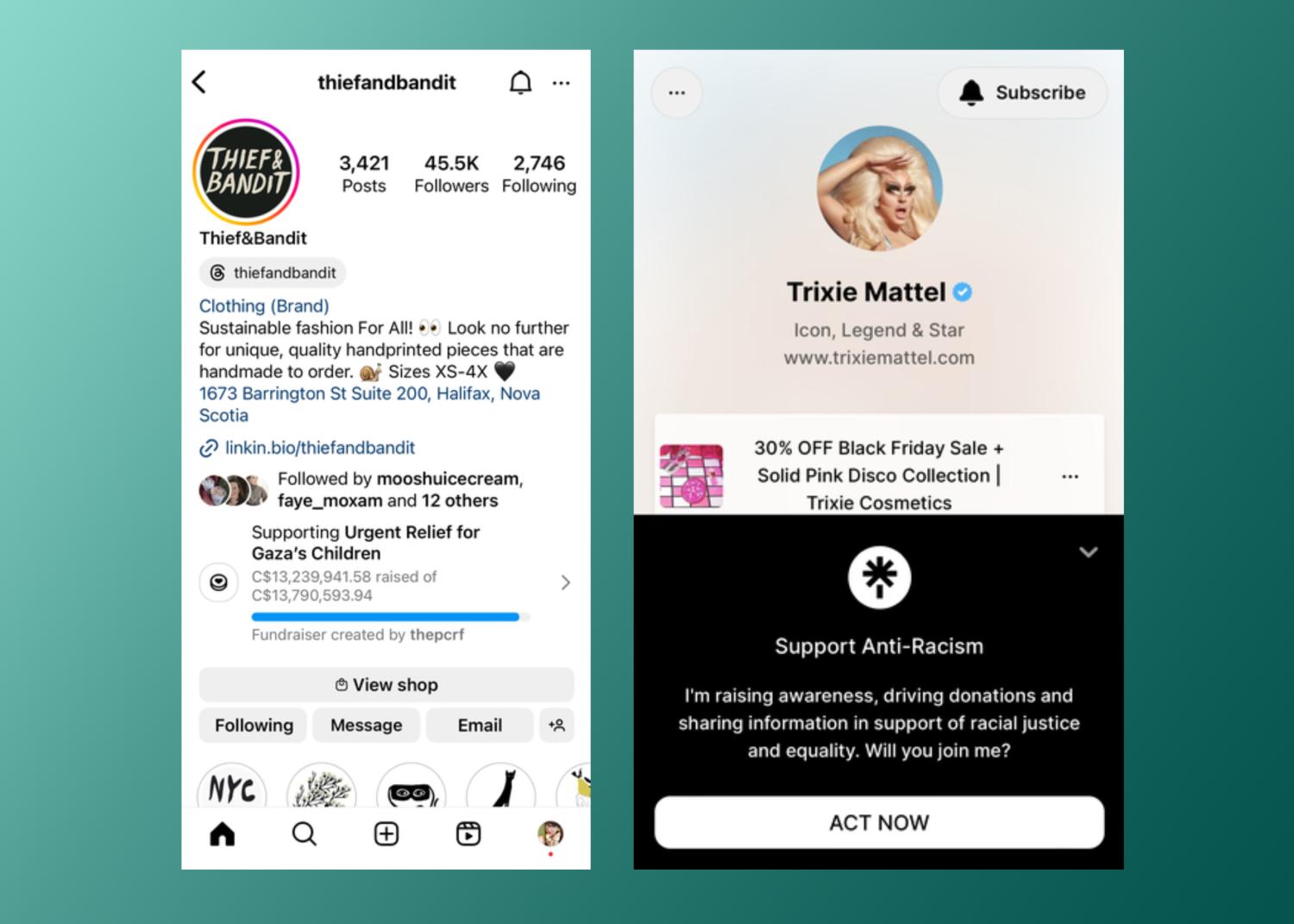 Thief & Bandit和Trixie Mattel的主页的移动端视图