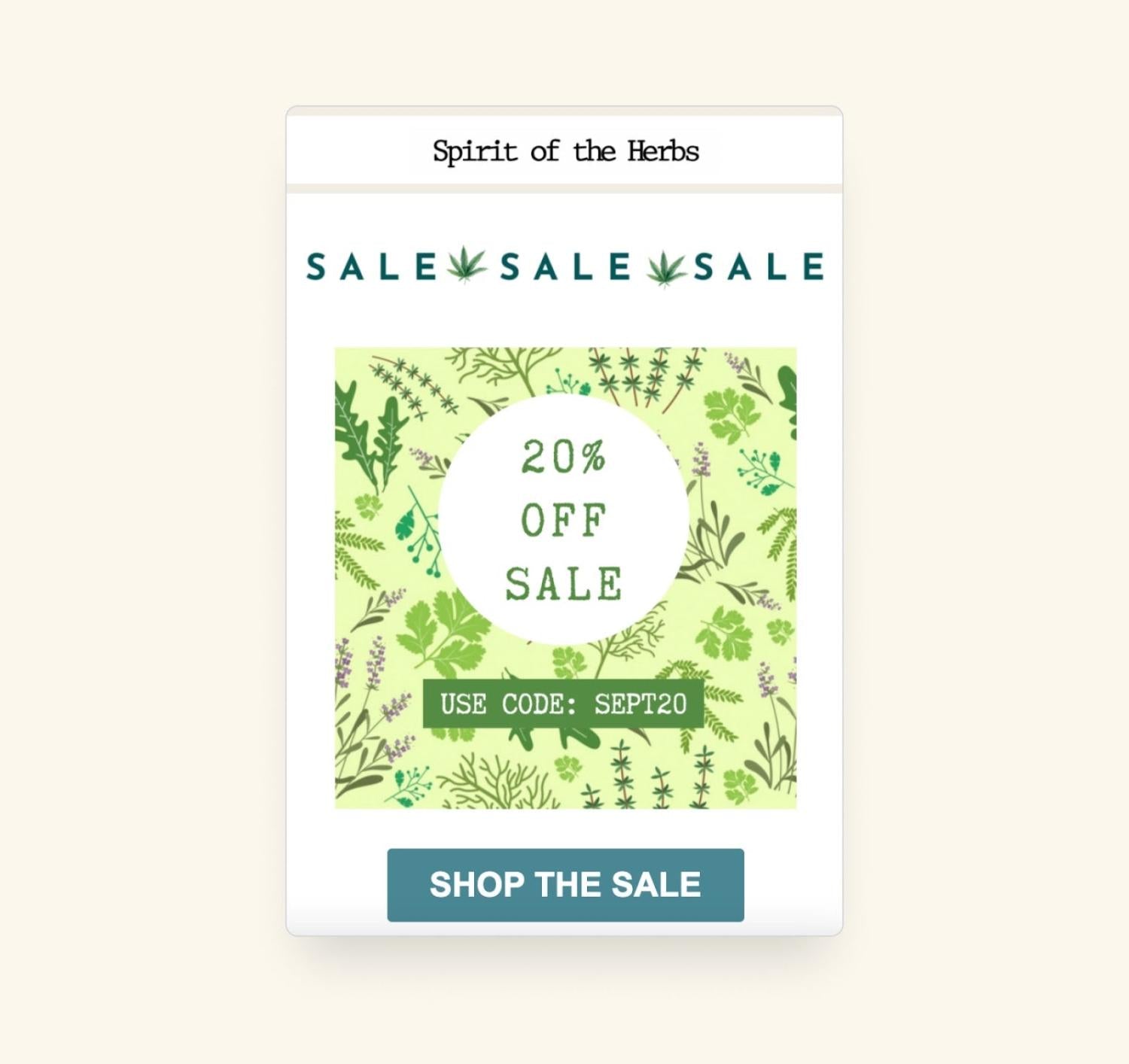 Spirit of the Herbs的电子邮件，宣布20%的折扣销售，附带折扣码。