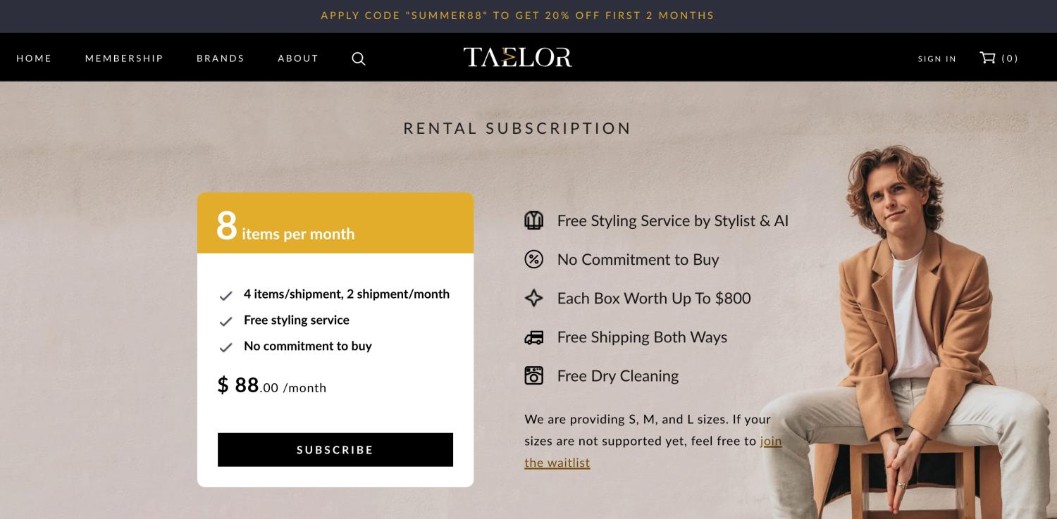 男装品牌Taelor的网站截图,介绍品牌特色。