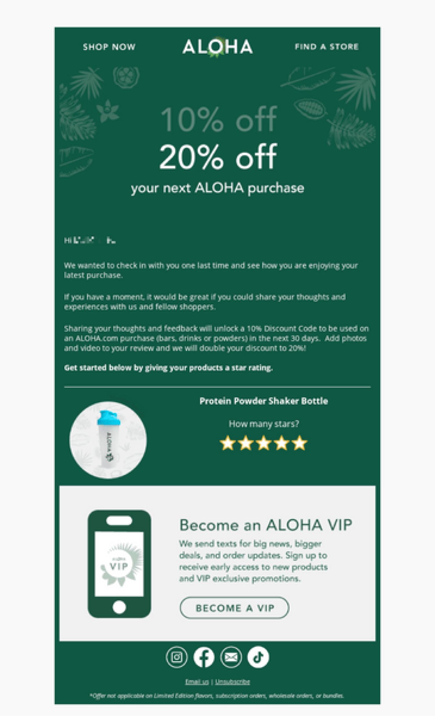 Aloha的销售后邮件截图,要求通过产品评价提交UGC,以换取客户下次订单的10%或20%折扣。
