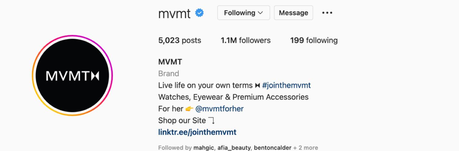MVMT的Instagram档案截图,展示了如何通过其品牌标签和高亮展示UGC。