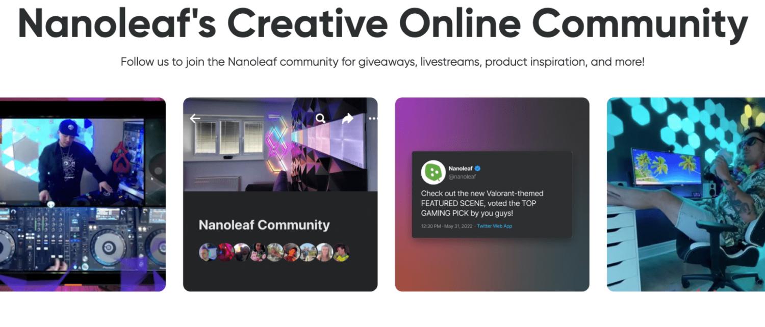 Nanoleaf主页上创意在线社区部分的截图,展示了来自其粉丝在TikTok、Twitter、Instagram和其他社交媒体渠道上的UGC。