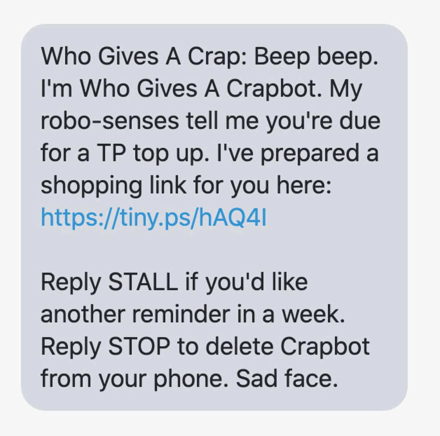 Who Gives a Crap的补货提醒短信，附带补货链接。