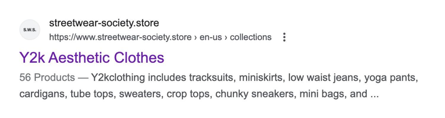Streetwear Society的搜索结果显示，已优化为“Y2K美学服装（Y2K Aesthetic Clothes）”。
