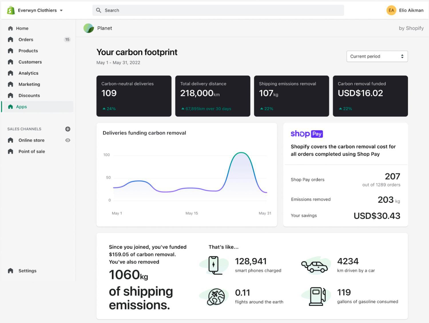 Shopify商家通过Planet提供碳中和运输的截图。