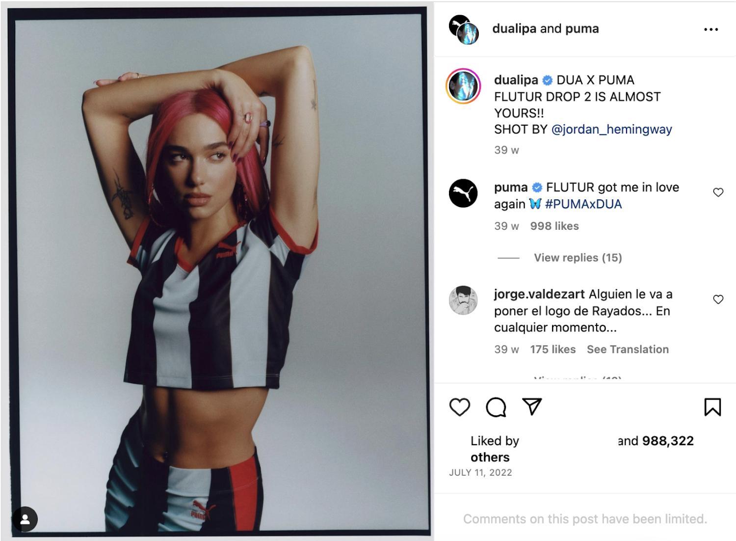 杜阿·利帕（Dua Lipa）与彪马合作时发布的Instagram帖子。