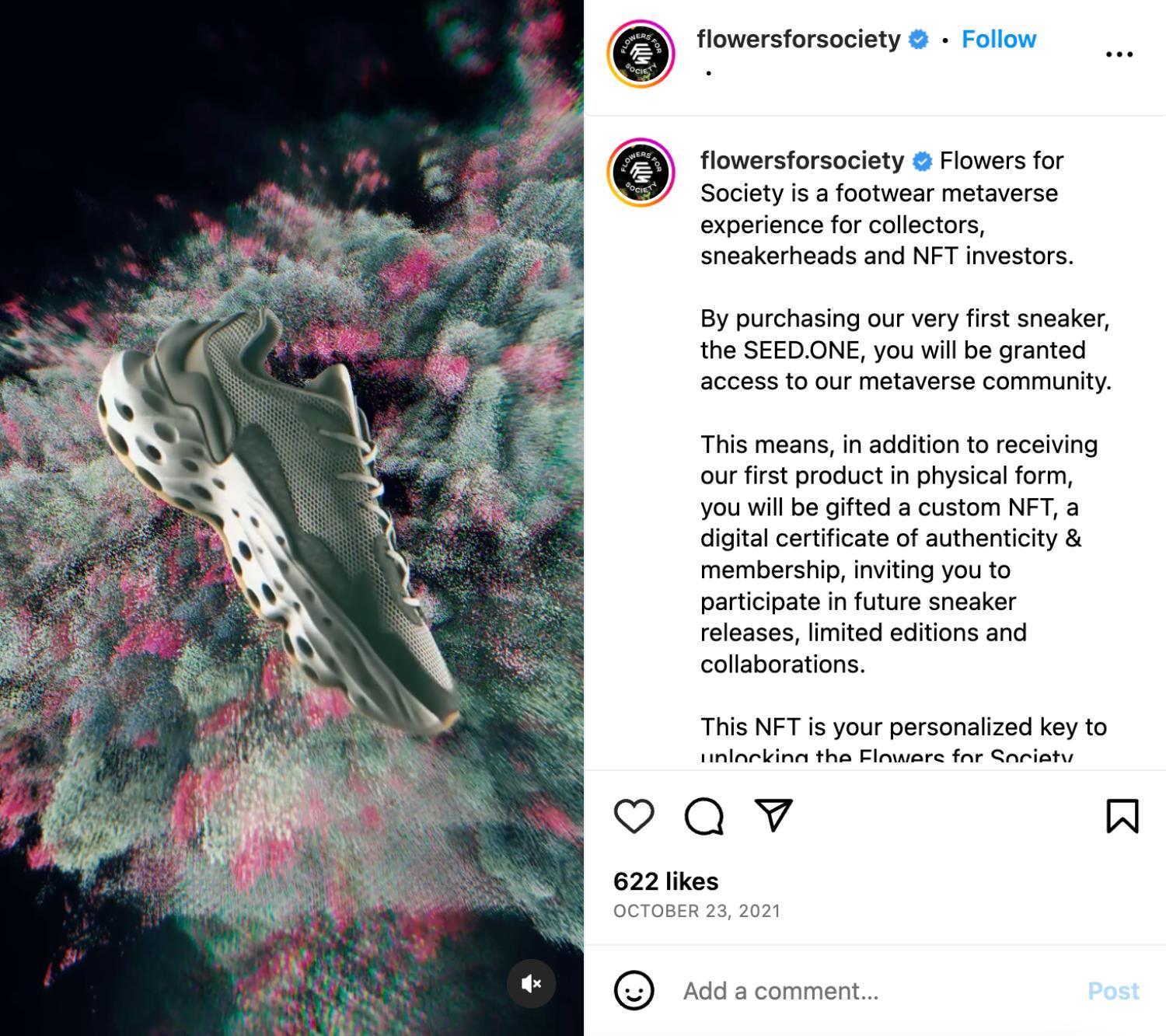 Flowers for Society在Instagram上大力推广其元宇宙体验的帖子。