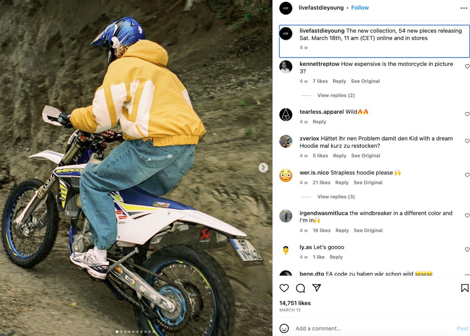 Live Fast Die Young推广其产品发布的Instagram帖子
