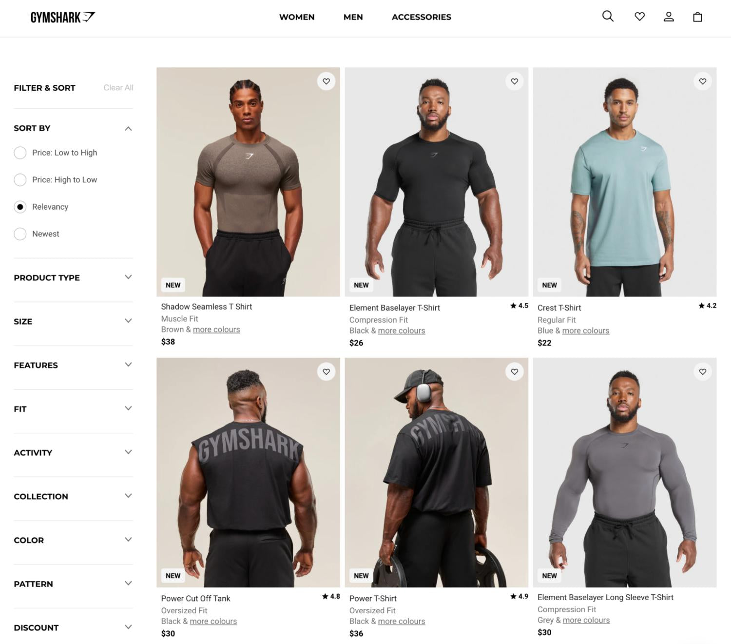 展示不同合身度、颜色和价格的男士Gymshark衬衫和背心的产品网格。