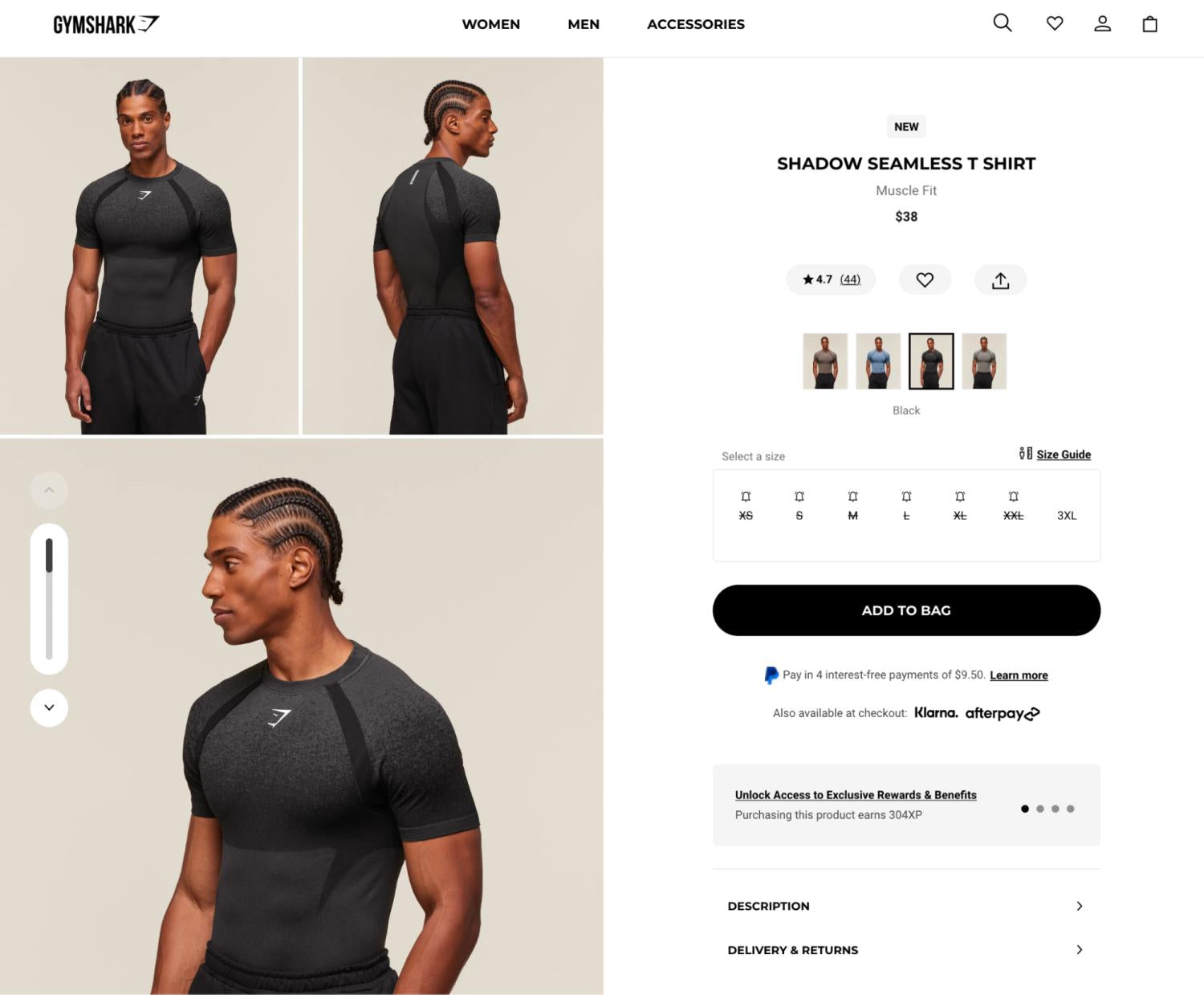 模特穿着黑色Gymshark Shadow无缝T恤,展示前、后和侧面的视图。