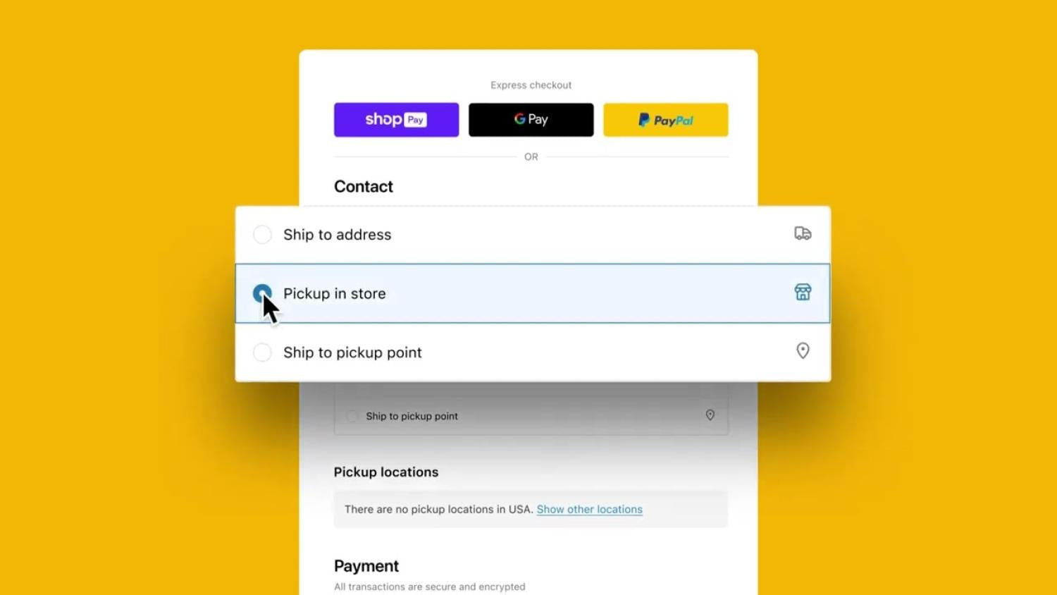 Shopify结账表单,选中“店内自取”作为交付选项。