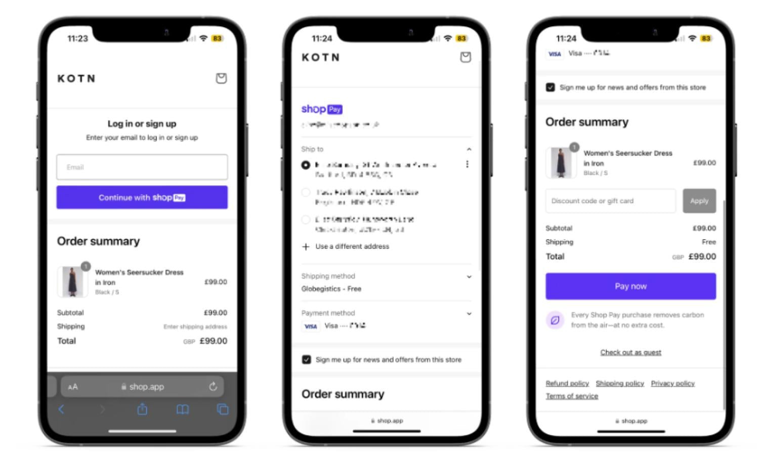 三个并排的移动屏幕,显示Shop Pay结账流程